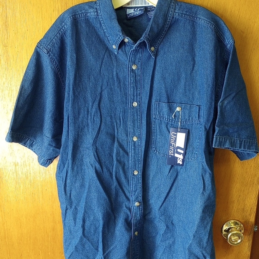 NWT UniFirst Large Cotton Casual Navy Blue Button Down Shirt w/ Collar & Pocket